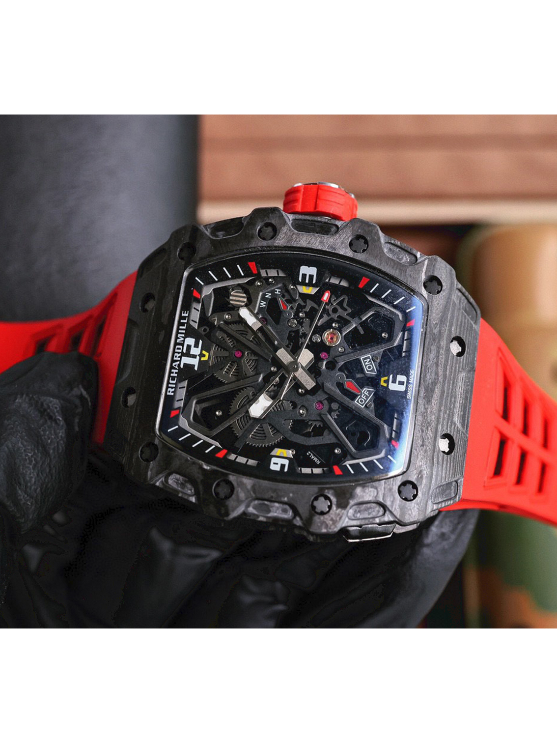 RICHARD MILLE Men's Automatic Mechanical Movement Richard Mille Men's Watch Swiss Watch 43.15*49.95mm Hollow Dial Carbon TPT® Case Rubber Strap - Image 2