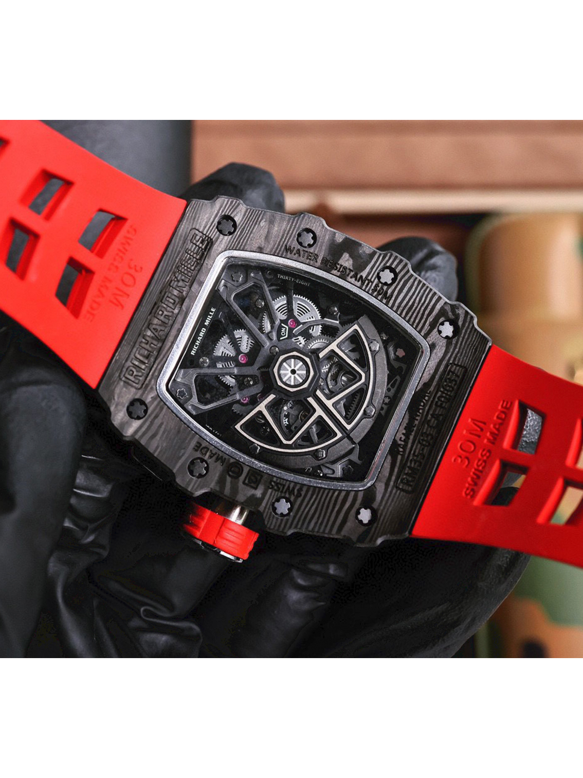 RICHARD MILLE Men's Automatic Mechanical Movement Richard Mille Men's Watch Swiss Watch 43.15*49.95mm Hollow Dial Carbon TPT® Case Rubber Strap - Image 3