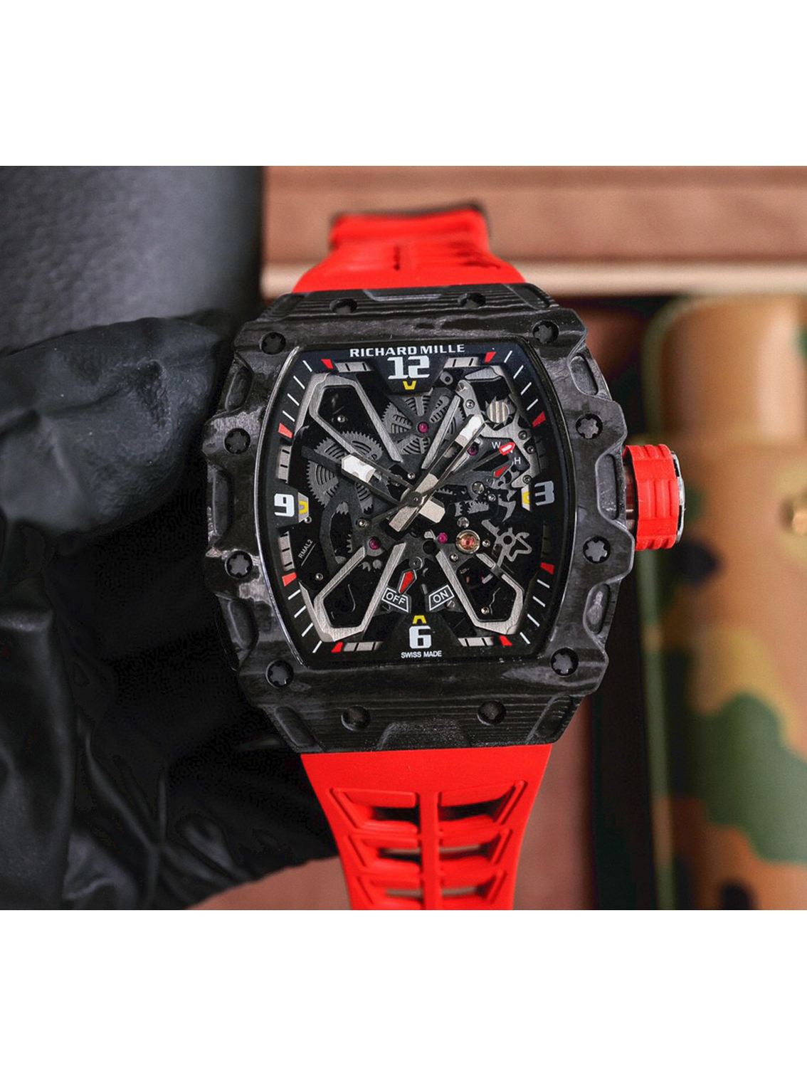RICHARD MILLE Men's Automatic Mechanical Movement Richard Mille Men's Watch Swiss Watch 43.15*49.95mm Hollow Dial Carbon TPT® Case Rubber Strap