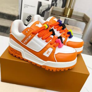 Louis Vuitton Trainer Maxi Leather Lace-Up Low-Top Sneakers for Men (White and Orange)
