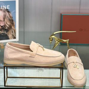 Loro Piana Summer Charms Walk Suede Simple and Stylish Loafers for Men and Women in Pink
