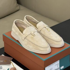 Loro Piana Women's Beige Suede Round Toe Slip-On Loafers