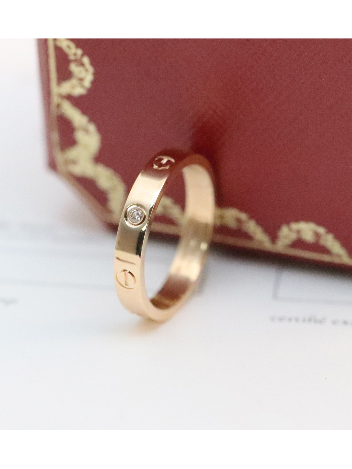 Cartier set with a single diamond, single ring with engraved letter decoration, 18K rose gold ring, unisex couple's style, rose gold, yellow gold and white gold three colors available - Image 3