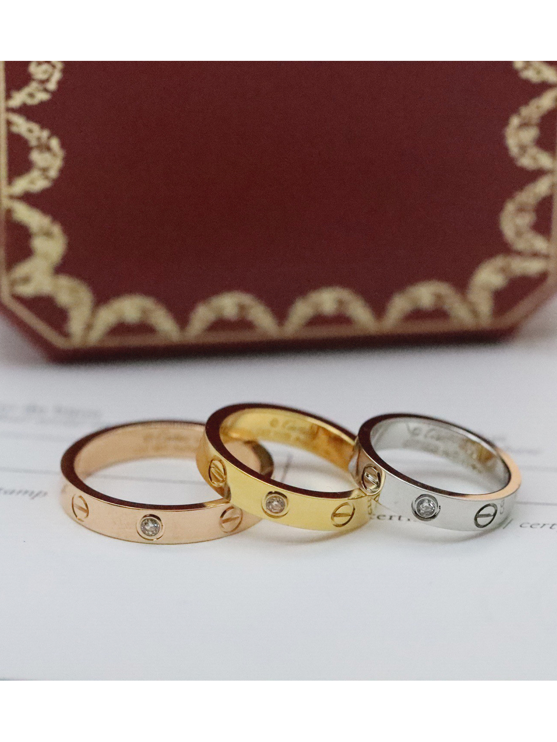 Cartier set with a single diamond, single ring with engraved letter decoration, 18K rose gold ring, unisex couple's style, rose gold, yellow gold and white gold three colors available - Image 2